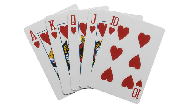 Royal flush hearts suit playing cards hand with gambling strategy entertainment recreation competition transparent background isolated as PNG