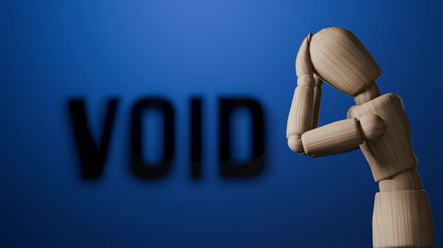 Void concept animation, mannequin touching mirror turning into darkness, existential emptiness and psychological void, minimal dark 3D render