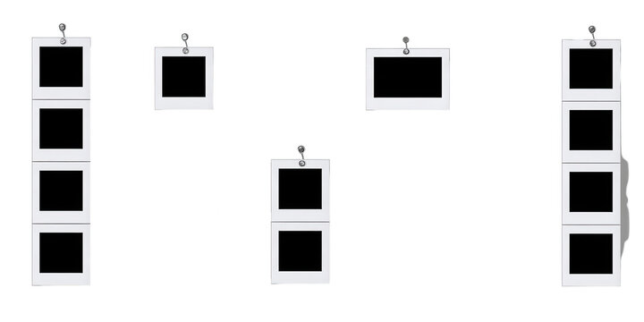 A set of blank polaroid photos on transparent background