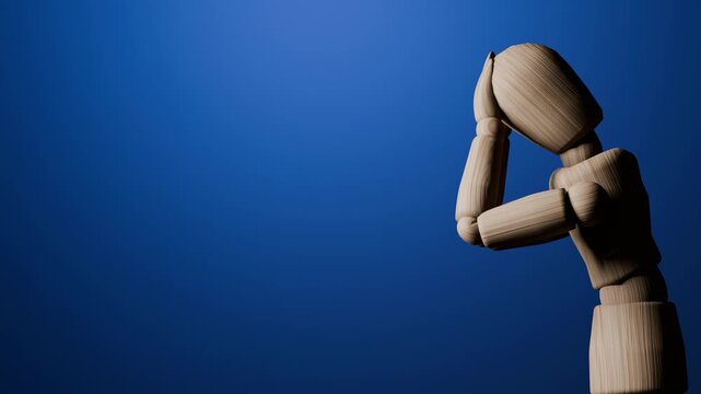Lost concept animation, wooden mannequin touching mirror, feeling lost identity confusion and emotional isolation, dark minimal 3D scene
