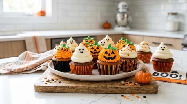 Delicious Halloween cupcakes decorated as pumpkins and ghosts on a kitchen counter