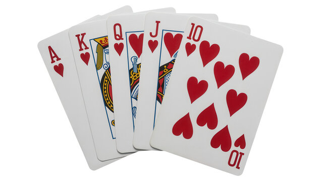 A hand of playing cards with hearts on them isolated on transparent background