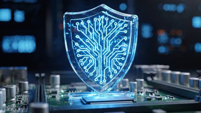 Glowing Holographic Cybersecurity Shield Pulsing on a Computer Motherboard, Symbolizing Digital Data Protection and Network Firewall, Slow Orbiting Shot