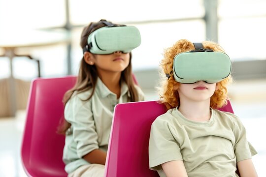Children wearing virtual reality headsets sitting in classroom chairs