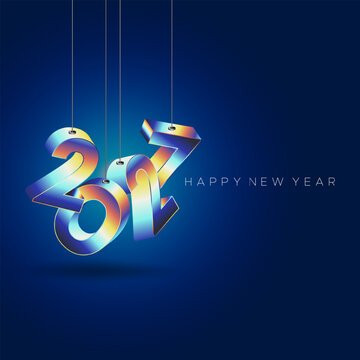 2027 Happy New Year 3D Colorful Ribbon Twist Dark Blue Background Design