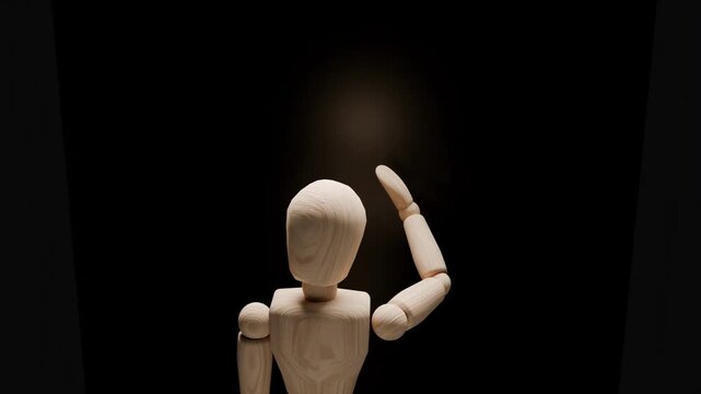 Unknown concept animation, mannequin touching dark mirror, fear of unknown future and uncertainty, abstract psychological 3D render