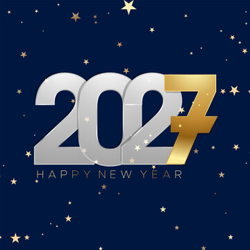 2027 Happy New Year Silver White Bold Stars Dark Night Sky Background