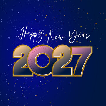 2027 Happy New Year Gold Script Bokeh Glitter Dark Blue Background Design