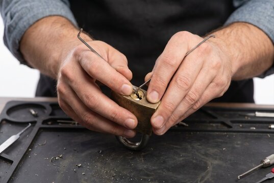 Close up of hands using lockpicking tools to pick a solid brass padlock on a workbench