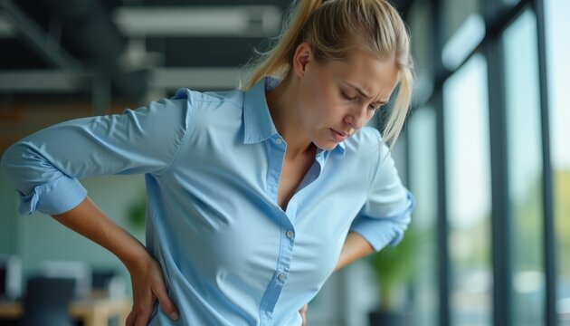 Woman feels back pain. She holds her lower back and grimaces from discomfort. Uncomfortable posture, ache, ache, ache. Office worker with hurt body, tired pain.