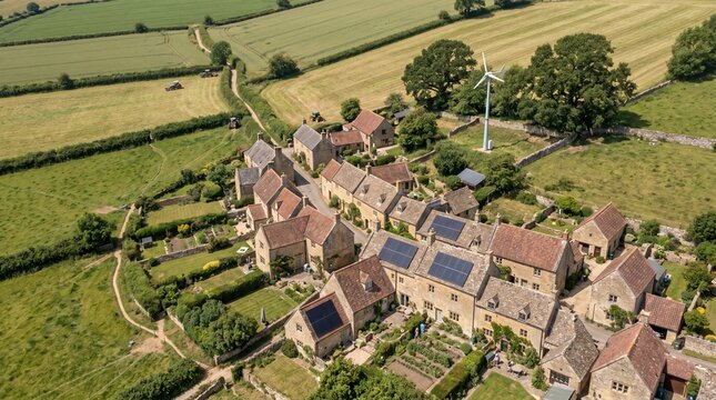 Aerial hillside hamlet microgrid with discreet solar roofs and turbine