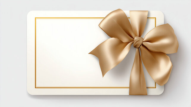 	
Blank white gift card or invitation envelope decorated with an elegant golden satin ribbon bow, isolated on transparent background.