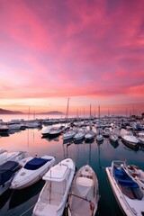 Obraz premium Numerous boats lined up moored at busy marina sunset