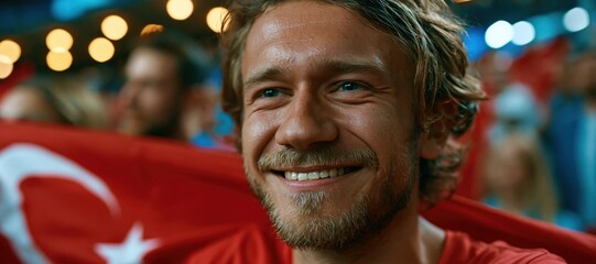 Obraz premium Turkish football supporter smiling with national flag at stadium