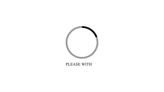 Minimalist Black Circular Loading Progress Spinner Animation with Blinking Please Wait Typo Text Loop on Plain Isolated White Background for App Mockup, with 4k video animation.