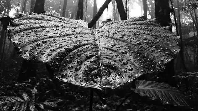 Rain-covered elephant ear leaf in monochrome rainforest environment with light shining through trees