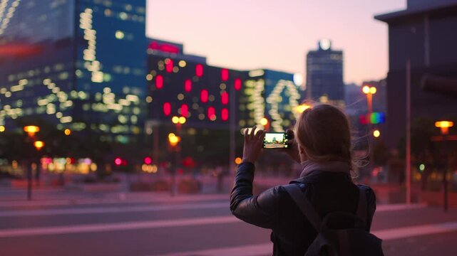Picture, night and woman with phone in city, international student and study opportunity for post. Bokeh, late and person with photography for abroad travel blog, exchange programme or mobile in town