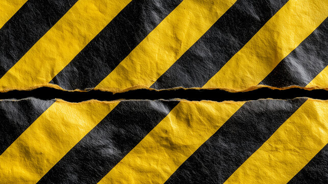  Two wrinkled yellow and black striped caution tapes forming a restricted area warning element, isolated on transparent background.
