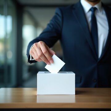 Man in suit casts ballot into white box. Business vote for corporate election or meeting. Person makes choice for shareholder decision or proposal.