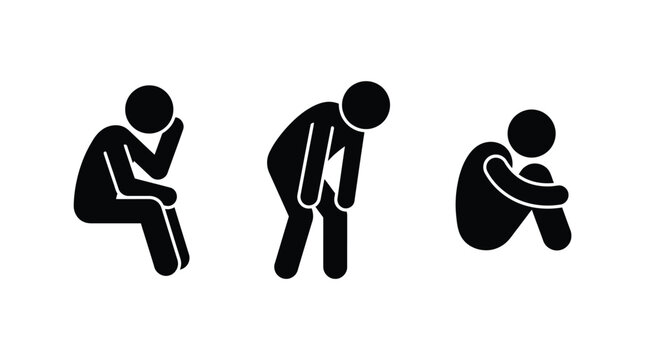 Minimalist vector illustration featuring three black stick figure icons showing different poses of human sadness