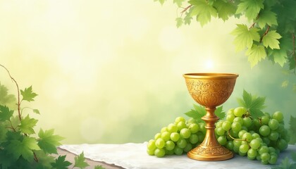 Fototapeta premium Golden chalice rests beside green grapes on white cloth. Vine leaves frame scene with soft light background. Religious ceremony, communion, or winemaking theme.