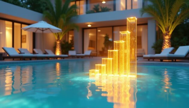 Glowing glass bar chart rises from resort pool surface. Luxury villa with loungers and palm trees surrounds water. Financial success growth concept illustration.