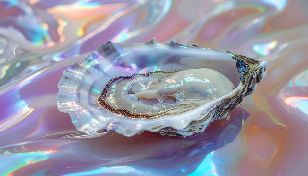 Iridescent oyster shell resting on a holographic shimmering background.