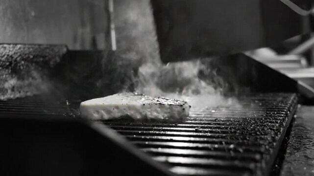 Black and white close up of a burger patty being flipped on a hot grill with steam rising