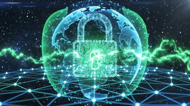 Digital globe with glowing padlock symbolizing global cybersecurity and data protection networks