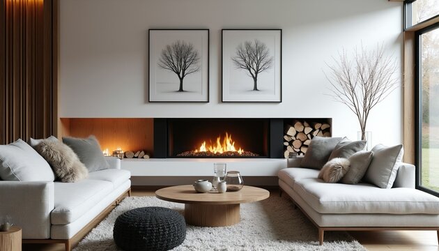 Modern living room features white sofas near glass fireplace. Oak elements and wood logs complement neutral decor. Two abstract tree arts hang above. Cozy ambiance.