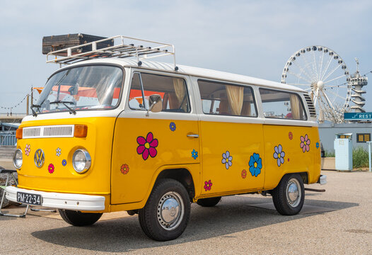 Scheveningen, The Netherlands, 31.05.2026, Yellow VW Transporter Type 2 Kombi displayed at the beach during the classic car show