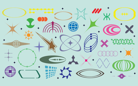 Retro y2k geometric shapes set, brutalist acid graphics and starburst elements vector