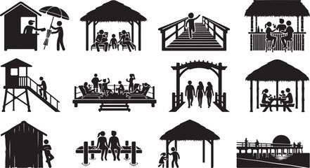Obraz premium Set of beach resort icons featuring people relaxing in huts, on piers, at a bar, and walking on a wooden bridge