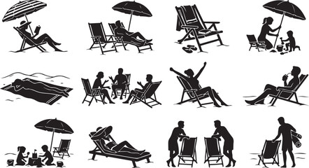 Obraz premium Set of beach silhouettes, people relaxing on the beach, sunbathing, playing in the sand, and sitting in deck chairs