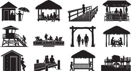 Obraz premium Set of silhouettes of people on vacation at a tropical resort, beach activities, and summer leisure icons