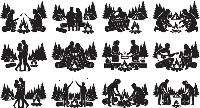 Set of camping couple silhouettes, romantic scenes by the campfire in the forest, vector illustration