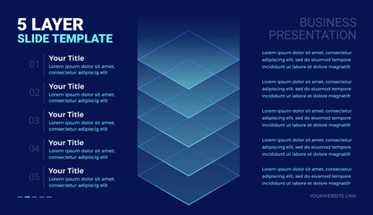 Plakat 5 layer stack futuristic tech diagram template with space for your text - modern minimal business technology slide infographic template for corporate presentations - dark blue background vector