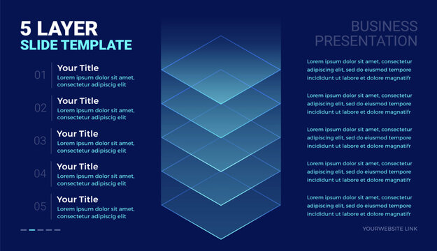 5 layer stack futuristic tech diagram template with space for your text - modern minimal business technology slide infographic template for corporate presentations - dark blue background vector