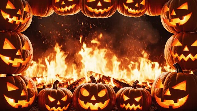 Halloween jack o lantern pumpkins with fiery flames and sparks