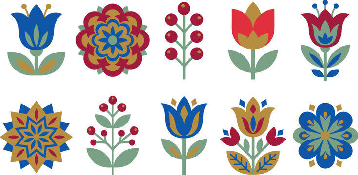 Traditional Scandinavian Folk Art Floral Vector Icon Set with Nordic Tulip Mandala Rosemaling Berries and Botanical Pattern Symbols for Slavic Crafts