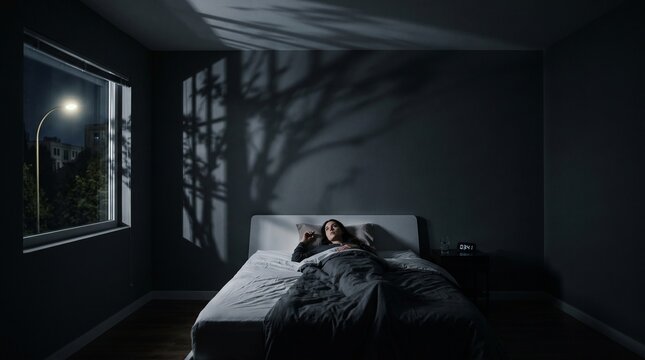 Woman lying in bed in a dark bedroom during the night