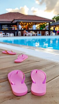 Pink inflatable flamingo pool floaters with tropical poolside.