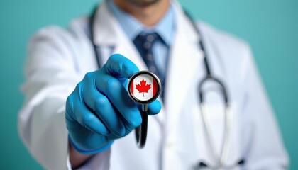Obraz na płótnie Canvas Doctor in blue gloves holds stethoscope with Canadian flag emblem. Medical pro checks health, offers care in Canada. National healthcare symbol, physician service.