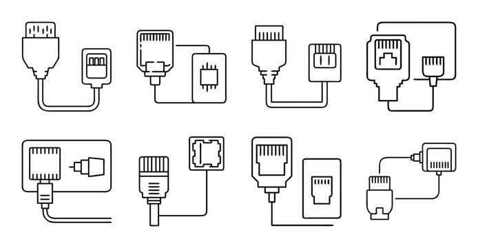 Various usb cable and device icons - Collection of simple USB connectors, cables, and device icons in flat vector style for digital use.