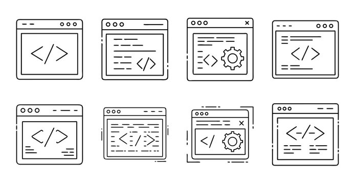 Flat design icons set for coding and web development - Modern flat icons depicting coding, web design, and development activities in a clean style.
