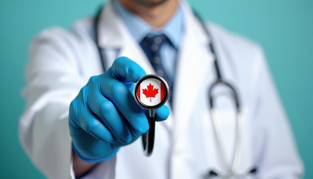 Doctor in blue gloves holds stethoscope with Canadian flag emblem. Medical pro checks health, offers care in Canada. National healthcare symbol, physician service.