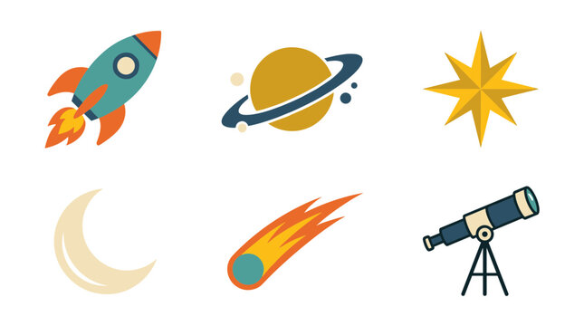 Space exploration icons including rocket planet star moon comet and telescope