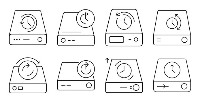 Hard drive with data transfer arrows icon set - Minimalist hard drive icons showing data transfer directions and capacity usage with plus and minus signs.
