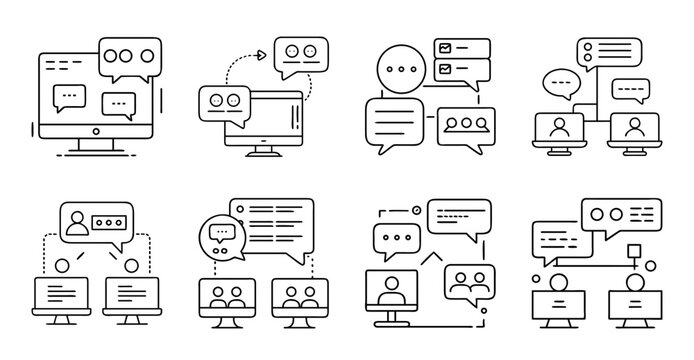 Illustrated tech support and communication icons set - Colorful vector icons showing tech support, communication, and computer-related messages in speech bubbles.