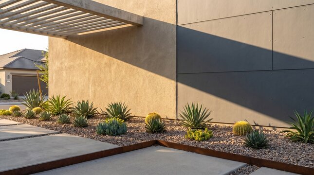 Xeriscape and fire resistant facade detail at suburban climate ready home